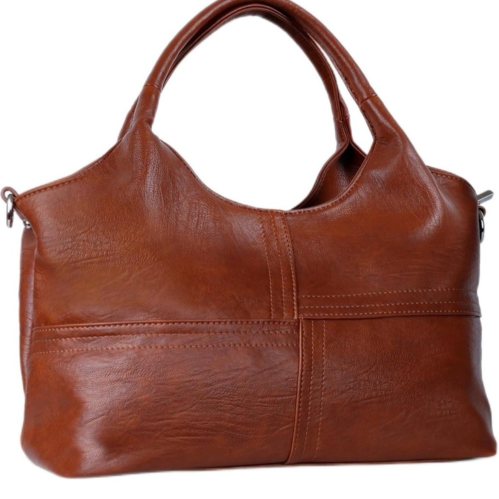 Brown Vegan Leather Satchel Handbag Cognac Top Handle Purse Work Bag